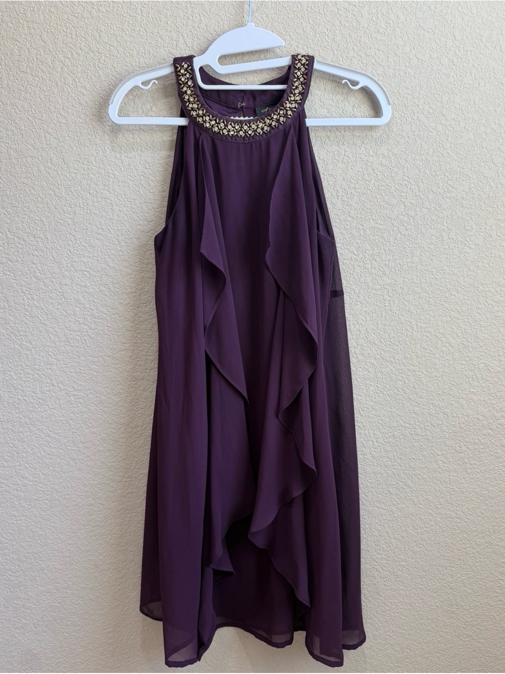 Thalia Sodi Plum Ruffle Halter Mini Dress with Jeweled Neckline